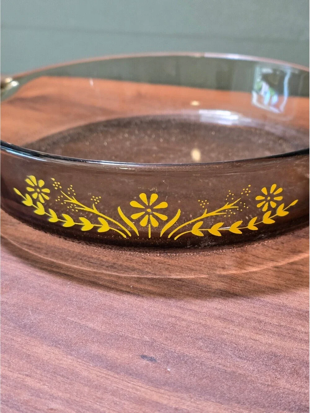 Vintage Glasbake Smoky Amber Casserole Dish Yellow Daisy 9 Inch Pie Pan